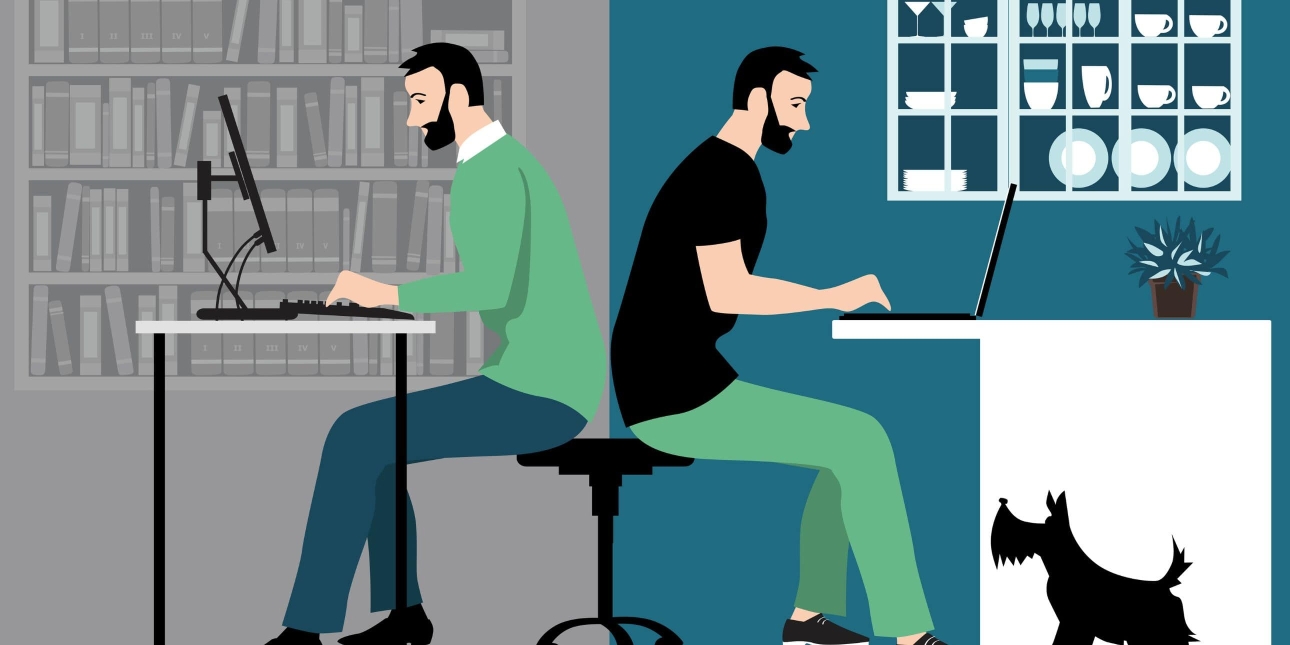 A mirror image illustration of a man working from home and an office. The surroundings are similar but in the office he works on a PC with a bookcase in the background. At home he is on a laptop with a small dog at his feet and ornaments on the wall